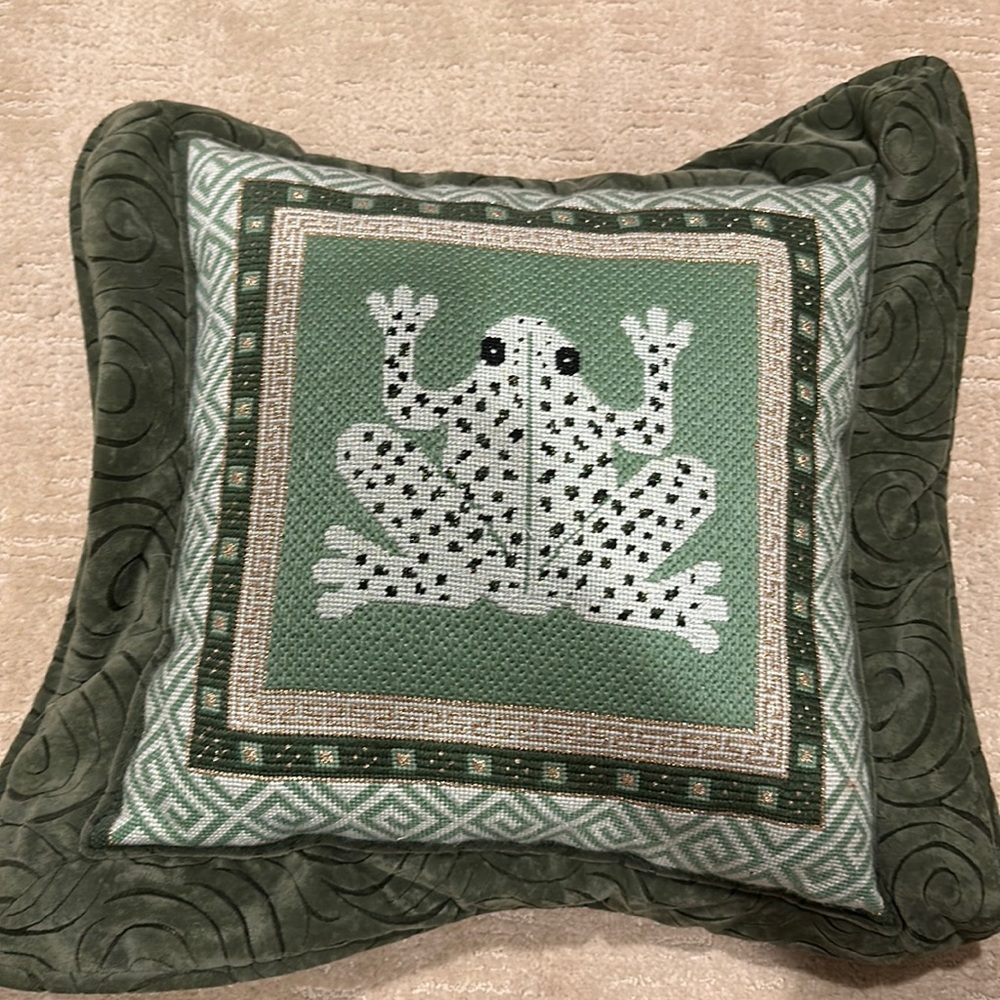 Frog needlepoint pillow